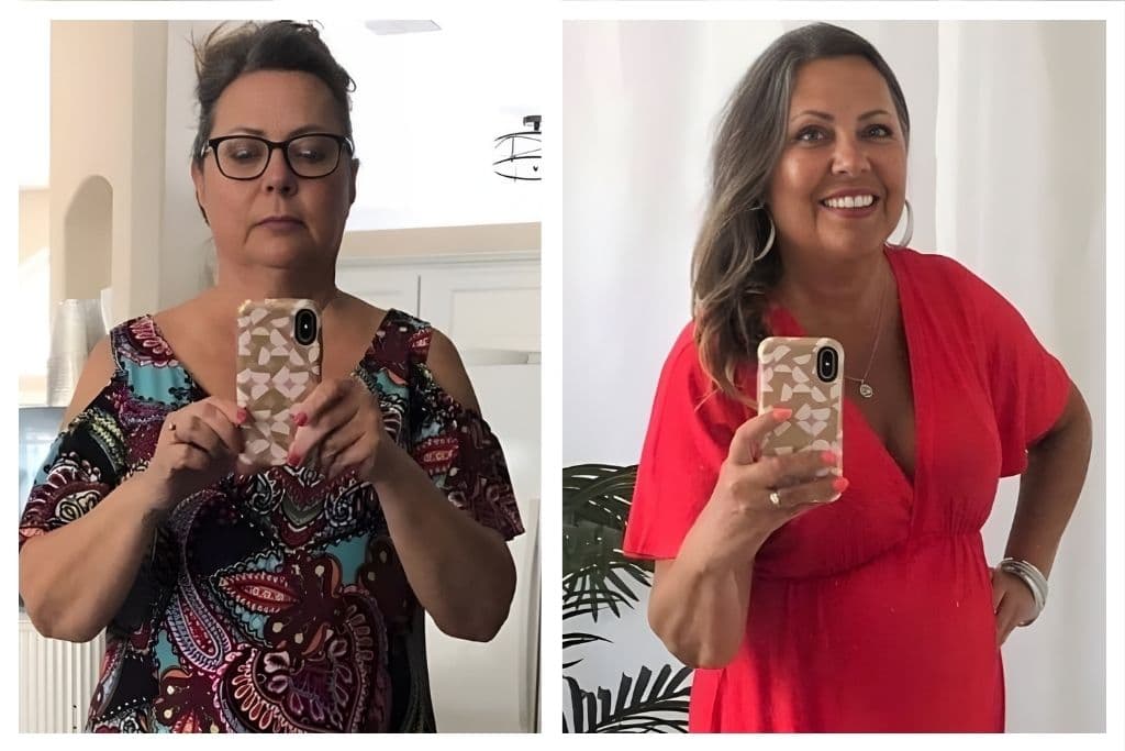 Linda Paige client before-and-after: mirror selfie to head-turning red dress