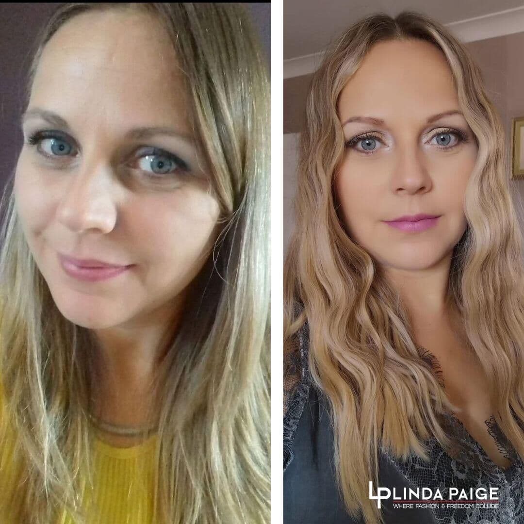 Linda Paige client before-and-after: fresh hairstyle and makeup transformation
