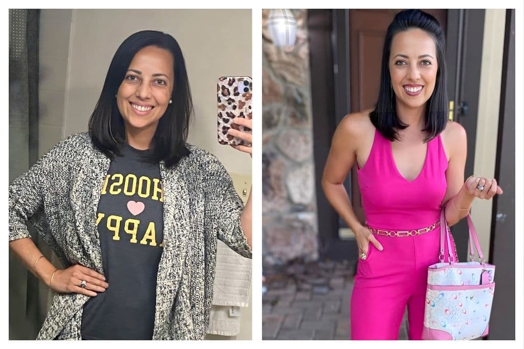 Linda Paige client before-and-after: baggy cardigan mirror selfie to head-turning pink jumpsuit styled with intent